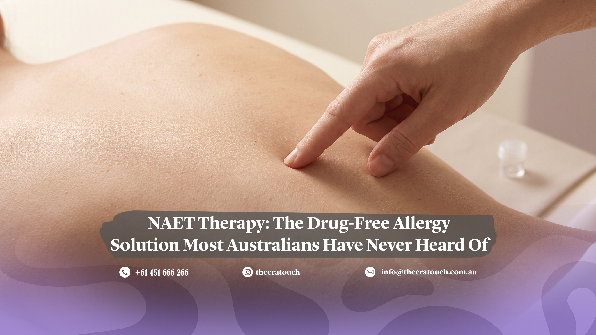 NAET Therapy: The Drug-Free Allergy Solution Most Australians Have Never Heard Of — practitioner's fingertips pressing gently on a patient's upper back, with a small glass vial on the treatment table