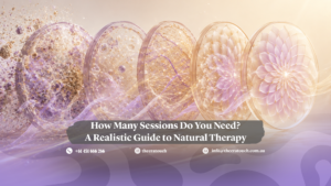 How Many Sessions Do You Need? A Realistic Guide to Natural Therapy — a row of glass discs progressing from scattered debris to a symmetrical lotus pattern, showing gradual healing across sessions