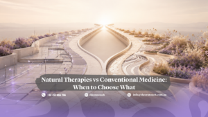 Natural Therapies vs Conventional Medicine: When to Choose What — two curving stone pathways splitting toward a bright horizon, one lined with lavender and one clean and clinical