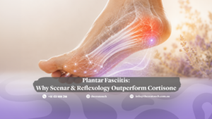 Plantar Fasciitis: Why Scenar & Reflexology Outperform Cortisone — side view of a foot with the plantar fascia illustrated and the heel glowing red to mark pain